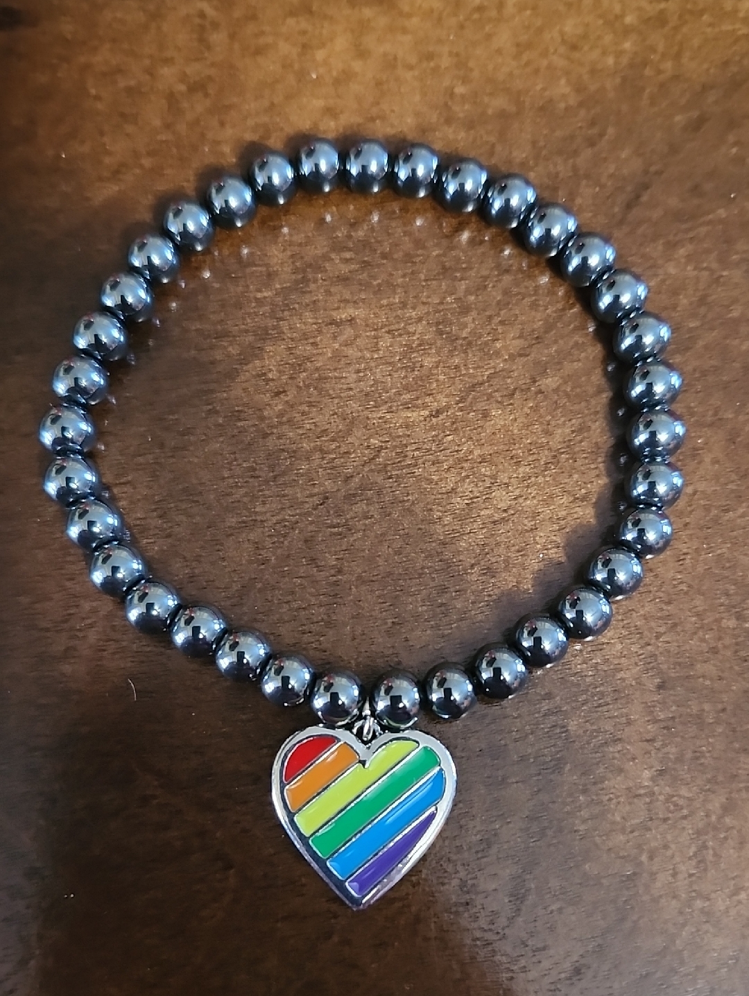 Handmade Pride Heart Charm Bracelet With Black Hematite Beads